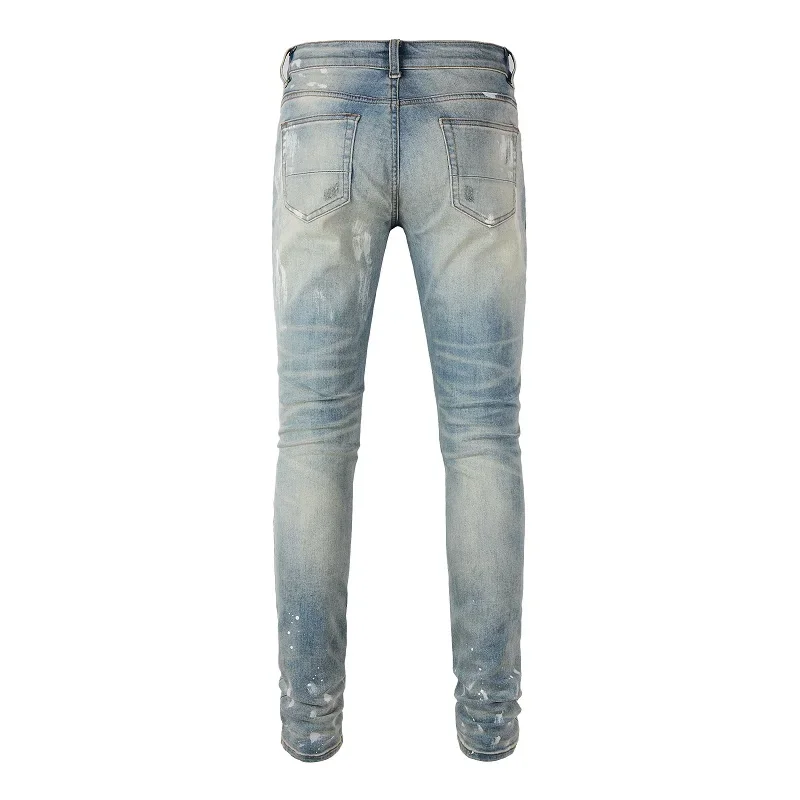 

Men Holes Ripped Stretch Denim Jeans Streetwear Distressed Painted Skinny Tapered Pants Vintage Trousers