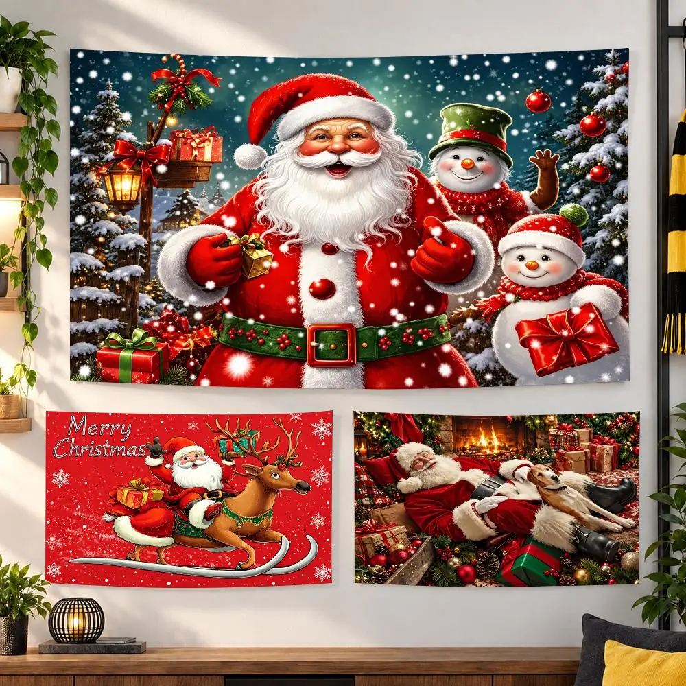 Santa Christmas Festive Scenes Tapestry Custom Living Bedroom Party Dormitory Interior Wall Bohemian Decoration Attached Clip