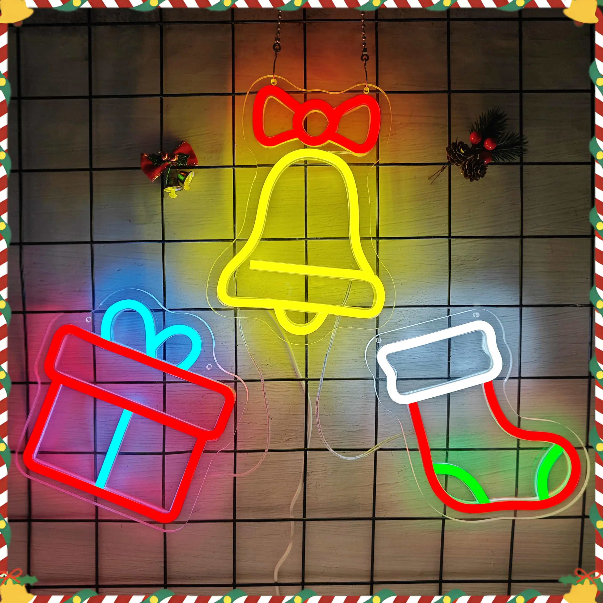 ベルギフトボックスサンタストッキングネオンサイン壁飾り調光可能3ピースクリスマスライトアップサイン窓用ホリデーパーティー壁用