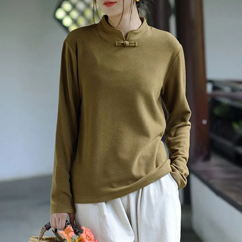 

Этнический складной базовый топ, женская осенне-зимняя футболка с воротником-стойкой, теплая верхняя одежда с длинными рукавами, пуловер, футболка