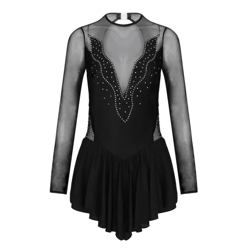 #   S-XL 여성용 반짝이는 라인스톤 피겨 스케이팅 드레스 시스루 메쉬 패치워크 긴팔 러플 스커트 레오타드 댄스웨어