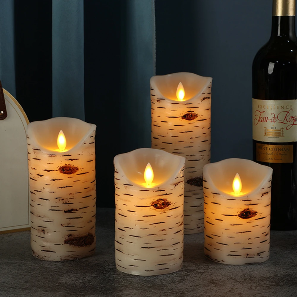 Flameless Candles Battery Operated Set of 3 Birch Bark LED Pillar Candles with Remote 3D Moving Wick Electric Decorative Candles