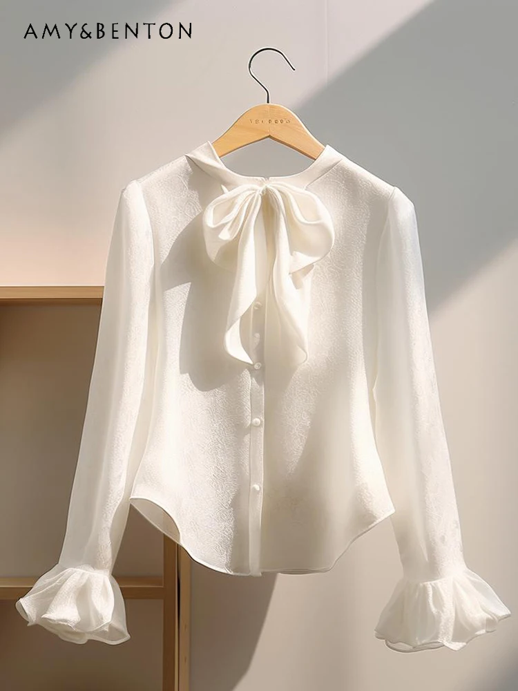 

French Elegant Socialite Lace-up White Shirt Women Autumn New Commuting Elegant Sweet Ruffled Flare Sleeve Slim Chiffon Blouses