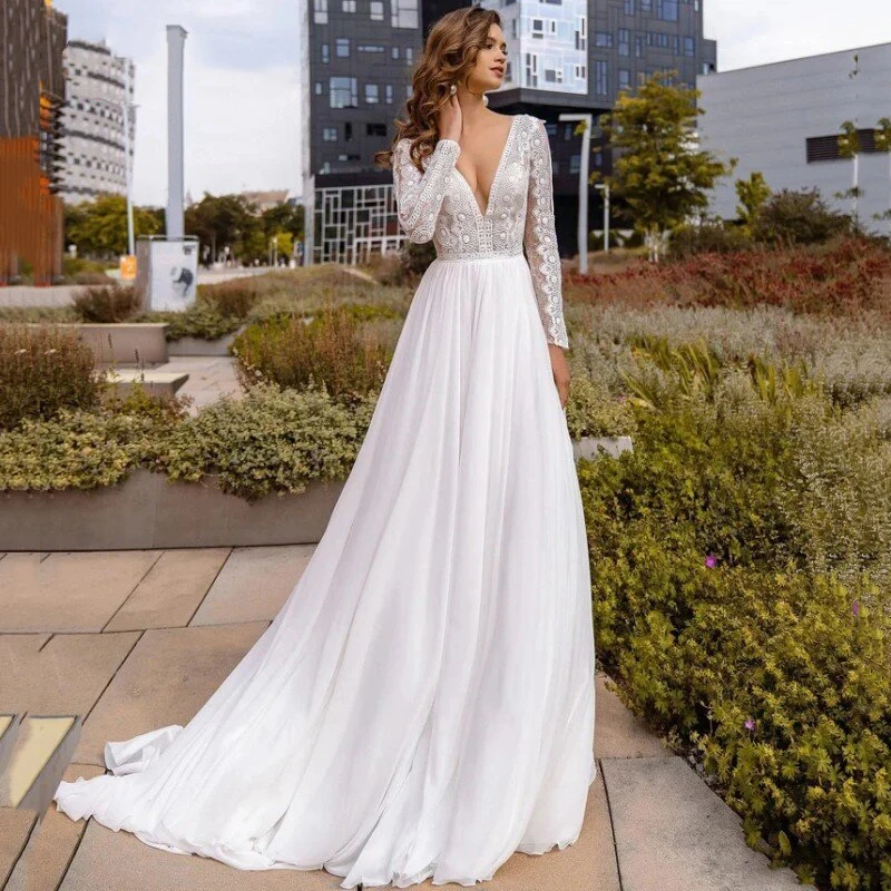 Vestido de novia blanco de manga larga con cuello en V, apliques de encaje, gasa, sexy, Espalda descubierta, personalizado