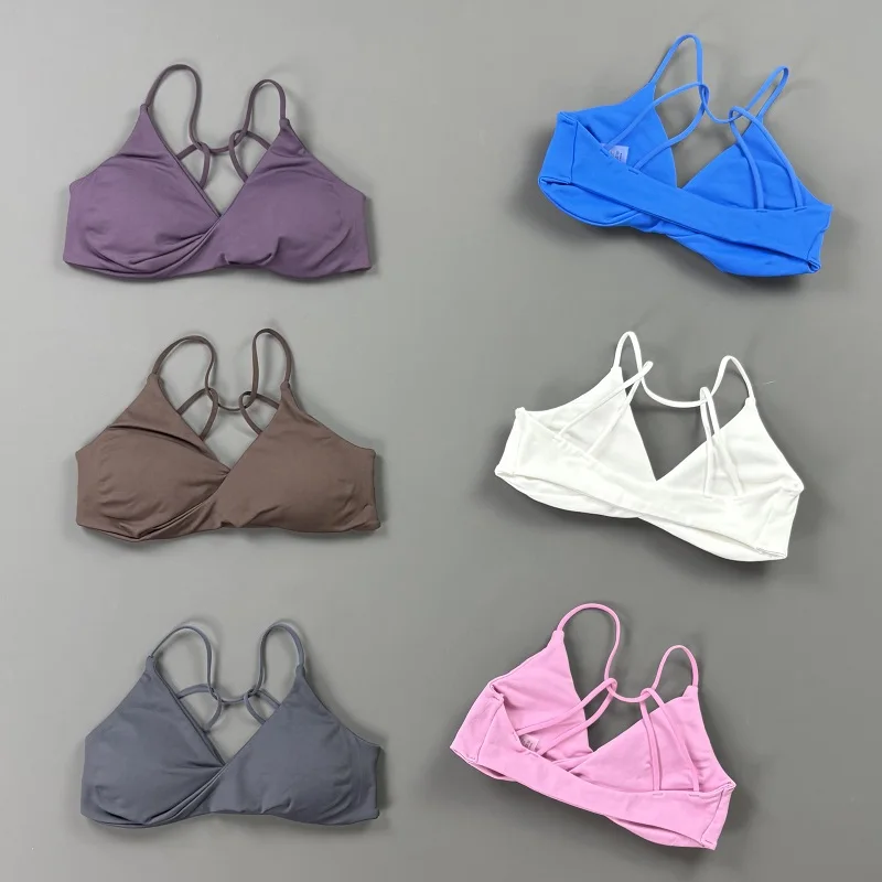 Vision Fitness Bra Women V Neck Twist Front Thin Strap Cross Back Seamless Removable Pads Soft Stretch Yoga Gym Workout Bra