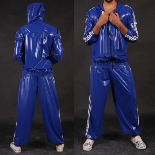 

Latex Rubber Auzug Top and Pant Blue Hoodies Suit Sport Catsuit 0.4MM Masquerade ball S-XXL