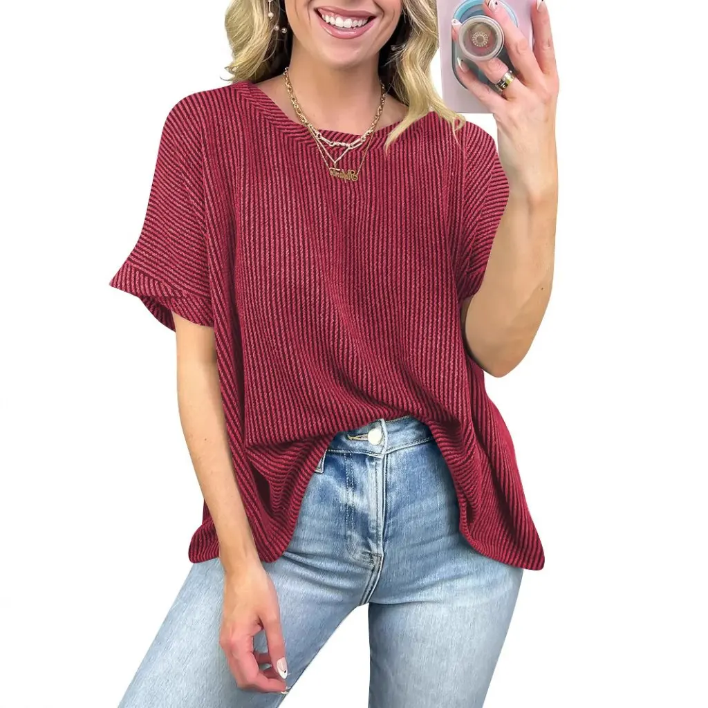 

Women's Crewneck Twist Strip Pullover T-shirt Short-Sleeved Spring/Summer New Arrival European And American Style Discounted