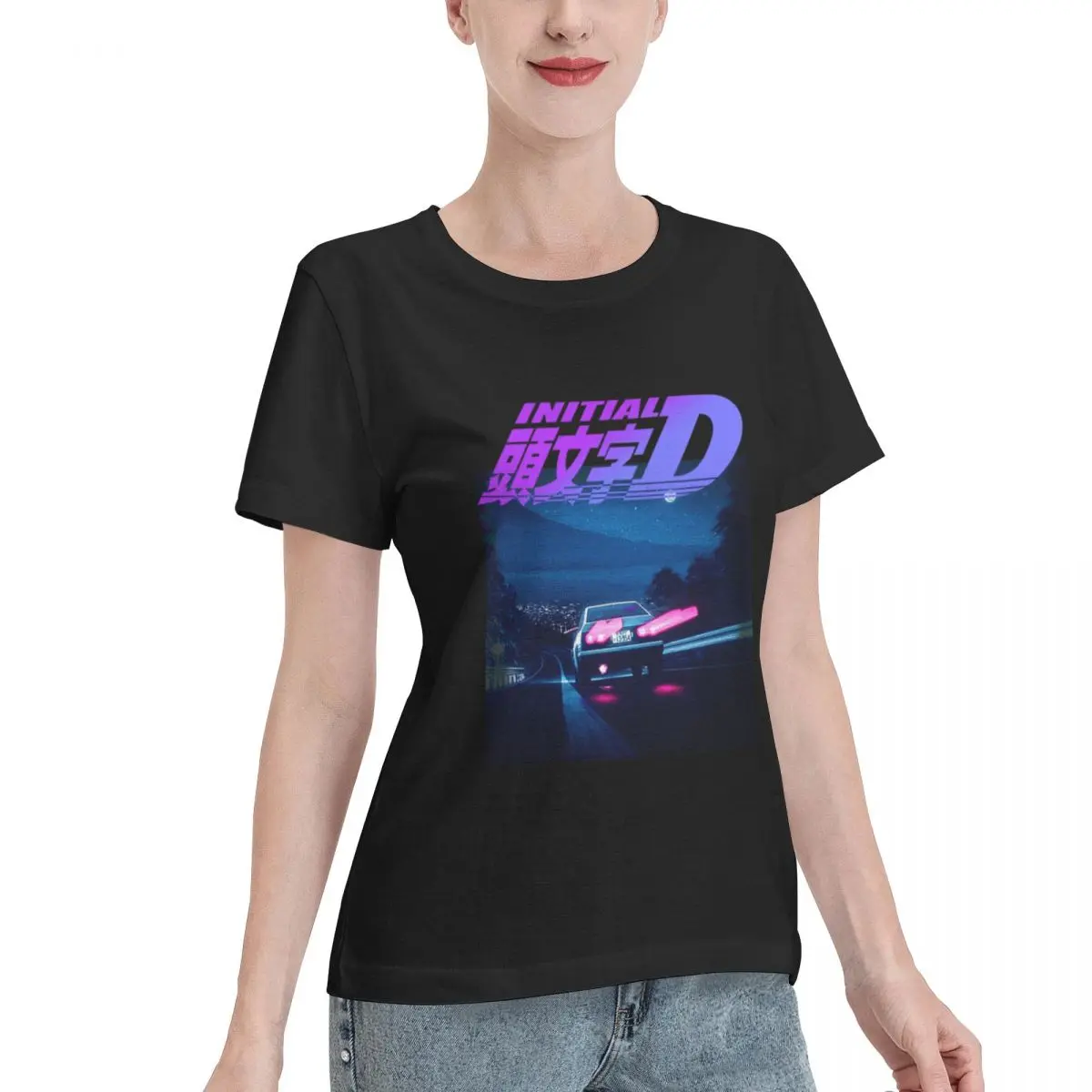 Washable Initial D Neon AE86 Women's T-shirt Holiday Casual Female Essential Clothing
