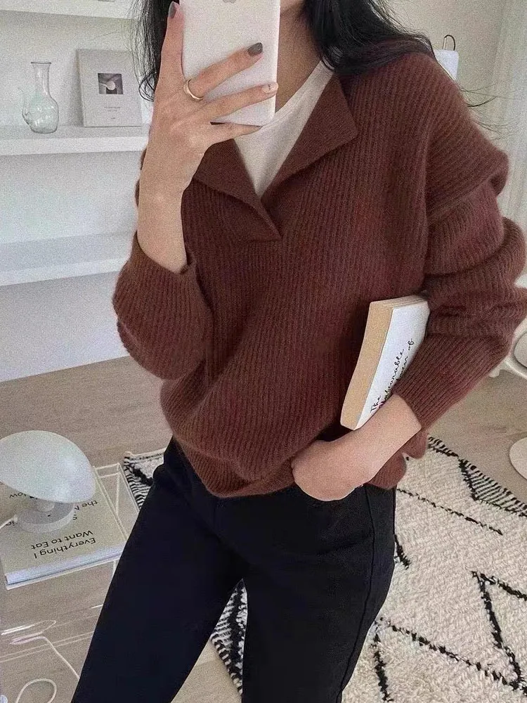 Abrini Women Cashmere Sweater Winter Thick Jumpers Knitted Ribbed Solid Sweater Winter Oversize Pullovers V-neck White Sweaters