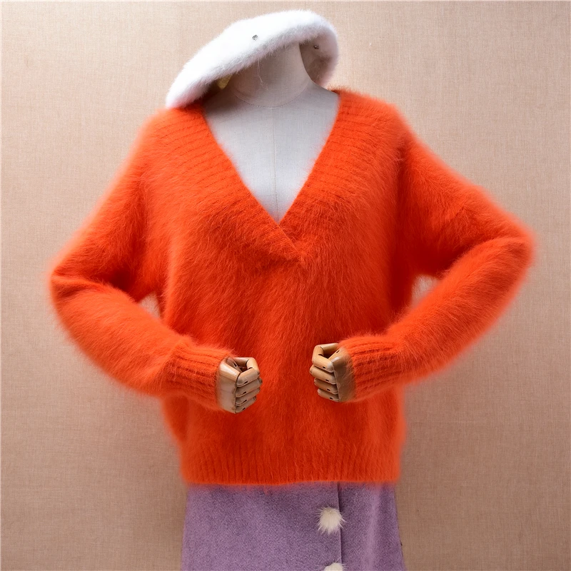 

Ladies Women Fall Winter Clothing Hairy Plush Mink Cashmere Knitted V-Neck Crop Top Loose Pullover Sweater Jumper Pull Tops
