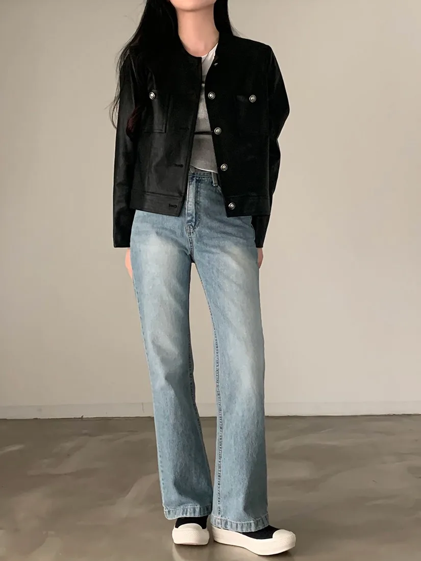 Cappotto Jaet in pelle PU Bla casual allentato da donna chic autunno nuovo con colletto alla coreana lungo taglio dritto