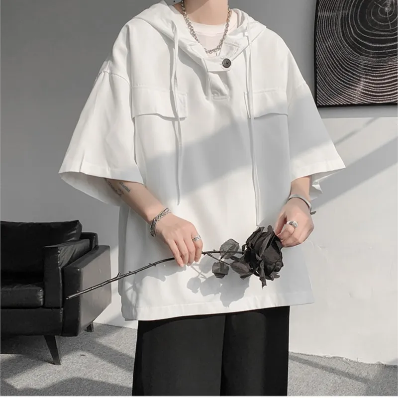 Summer Hooded T shirt Men 2025 NEW Korean Half Sleeve Pullover Streetwear Loose T-shirt Tops Drawstring Men Clothing Fashion