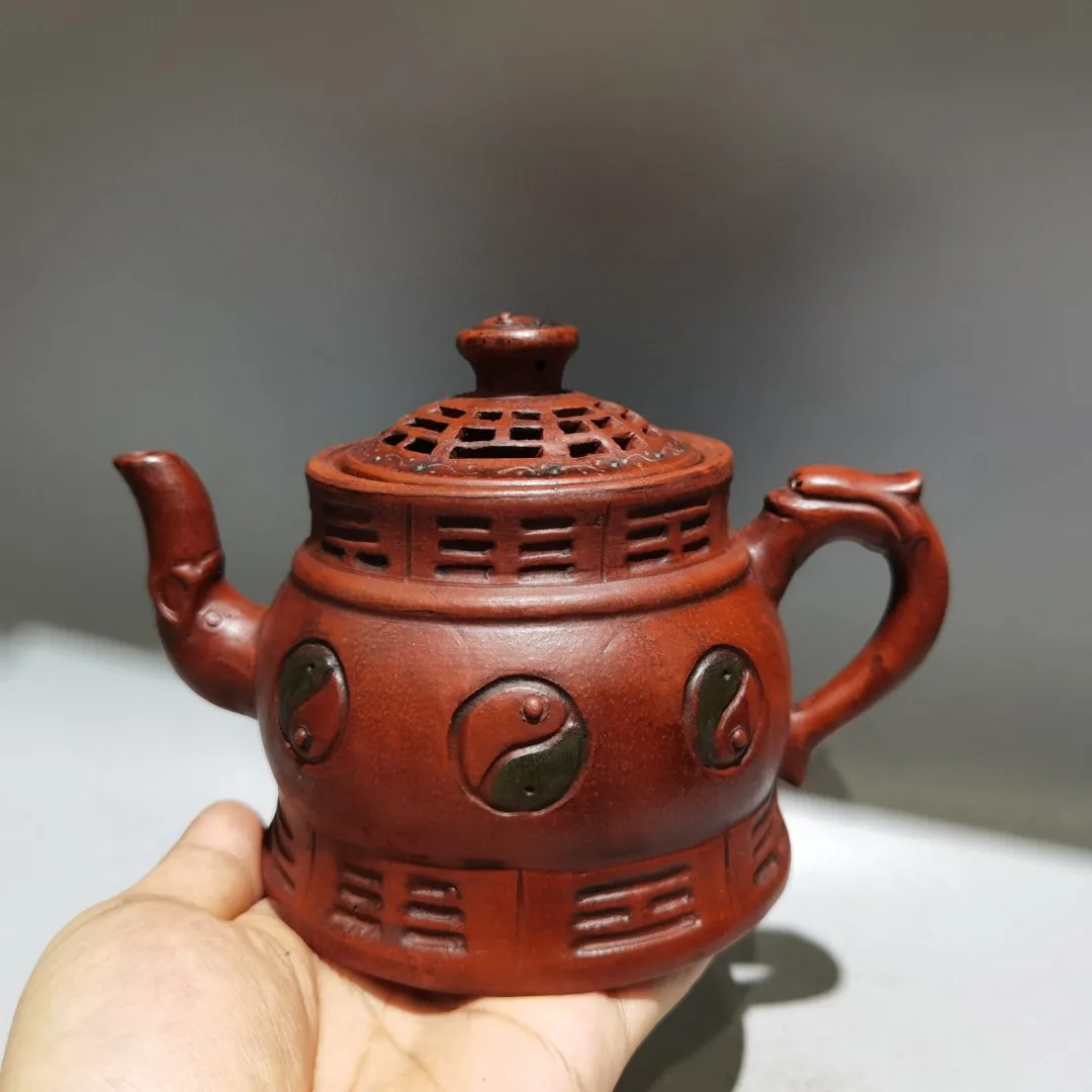 Tetera de arcilla YiXing Zi Sha esmaltada artesanal china antigua (grés rojo), en forma de olla hueca Tai Chi, con marca, envío gratis