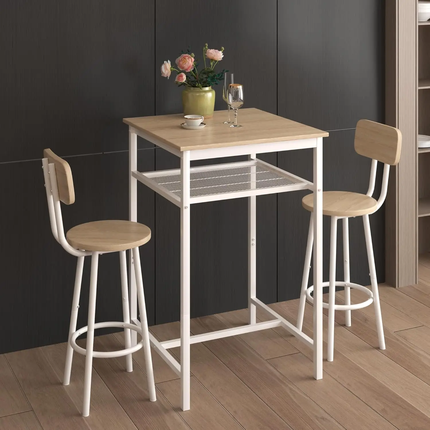 Bar Table, Equipped With 2 Bar Stools, With Backrest And Partition (Beige)