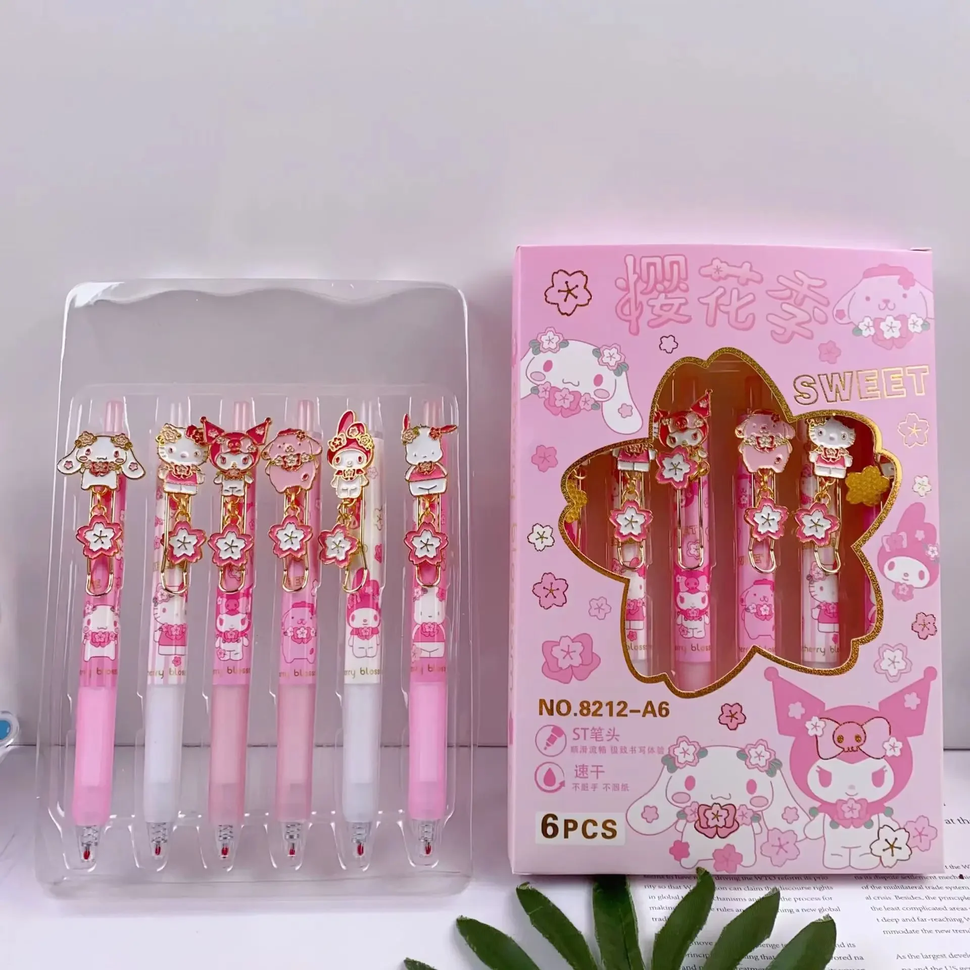 6Pcs/Box Sanrio Cute Pink Sakura Festival Cartoon Stationery Gel Pen Mymelody Kuromi Cinnamoroll Neutral Pen