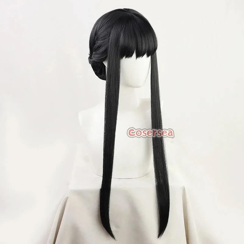 Cosersea Yor Forger pelucas de Cosplay con bollos familia espía Yor Forger mujeres peluca larga recta negra Cos pelo sintético resistente al calor