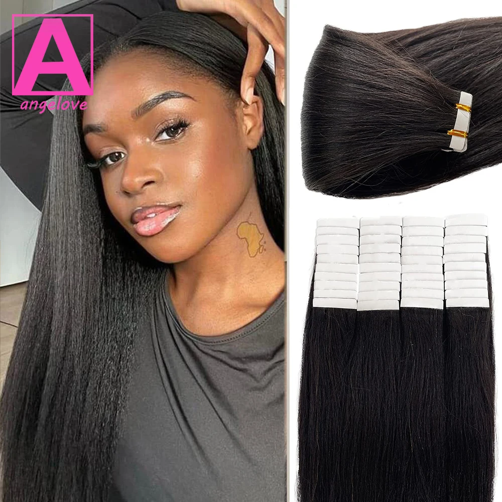 Yaki Straight Tape in Hair Extensions 14-26inches Real Virgin Human Hair Skin Weft Tape in Double Weft Glue in Hair Extensions