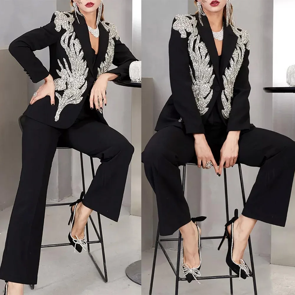 Luxe Vrouwen Broek Past 2-delig Kristal Kralen Blazer Jas Past Bruiloft Gast Formele Slijtage Avonden Feestoutfit Op maat gemaakt