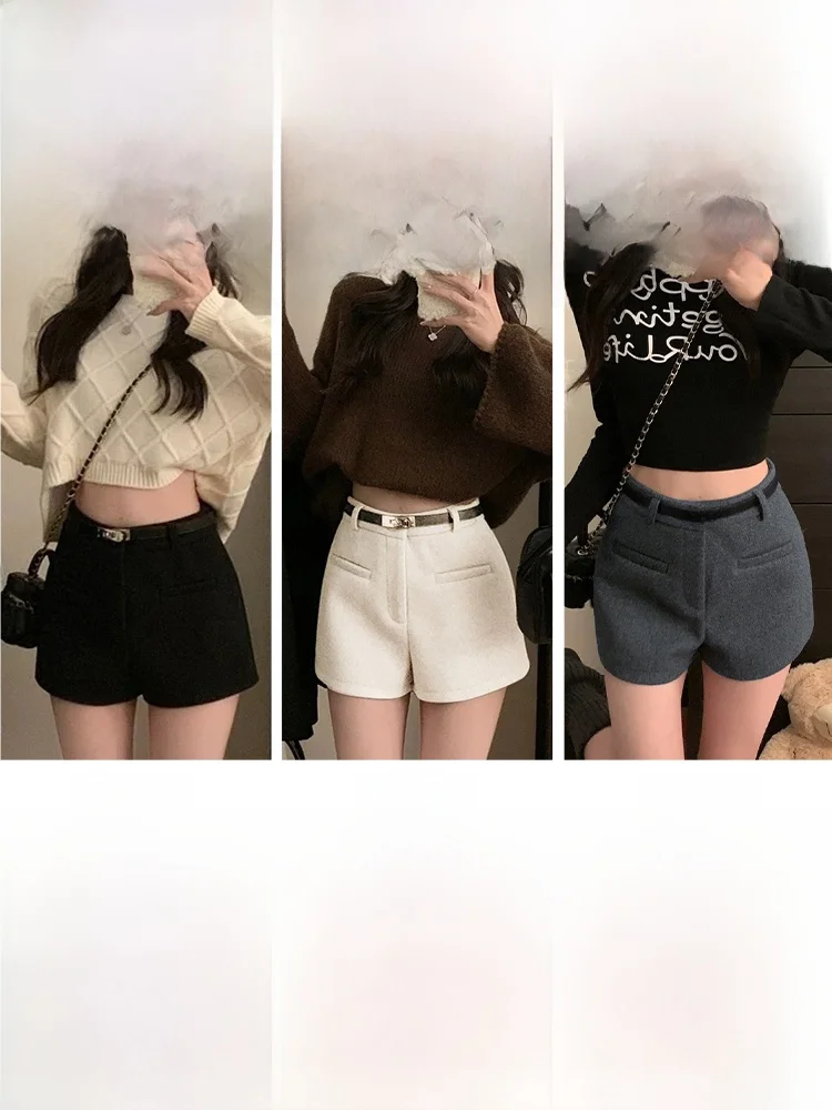 Gray Woolen High Waist Thickened Short Pants Women's Winter Outerwear Bootcut Pants Slimming Wraparound Casual Pure Color