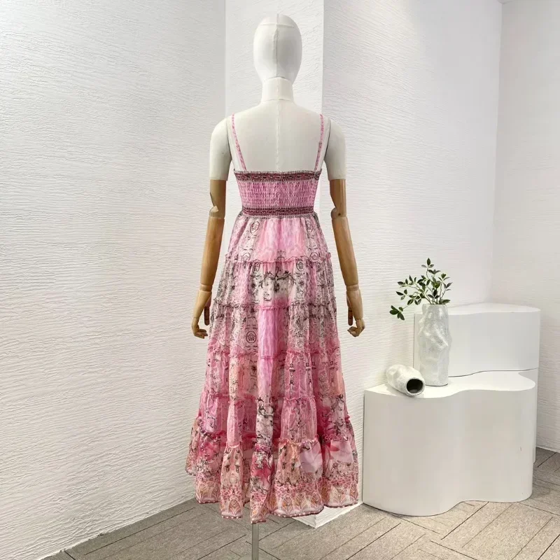 High Quality Silk Pink Floral Print Spaghetti Strap Sleeveless Pleat Elegant Women Midi Dresses for Holiday