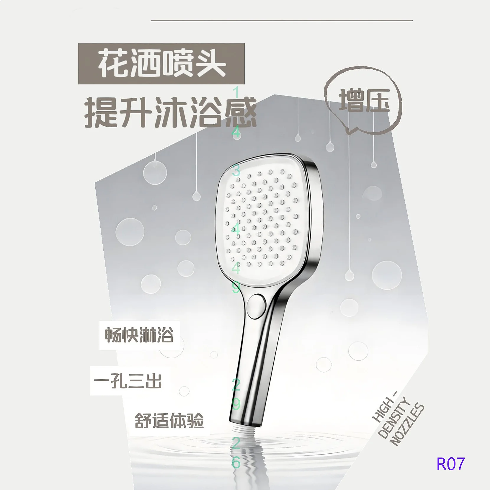 High Pressure Handheld Shower Head Set 3 Modes Large Panel Push Button