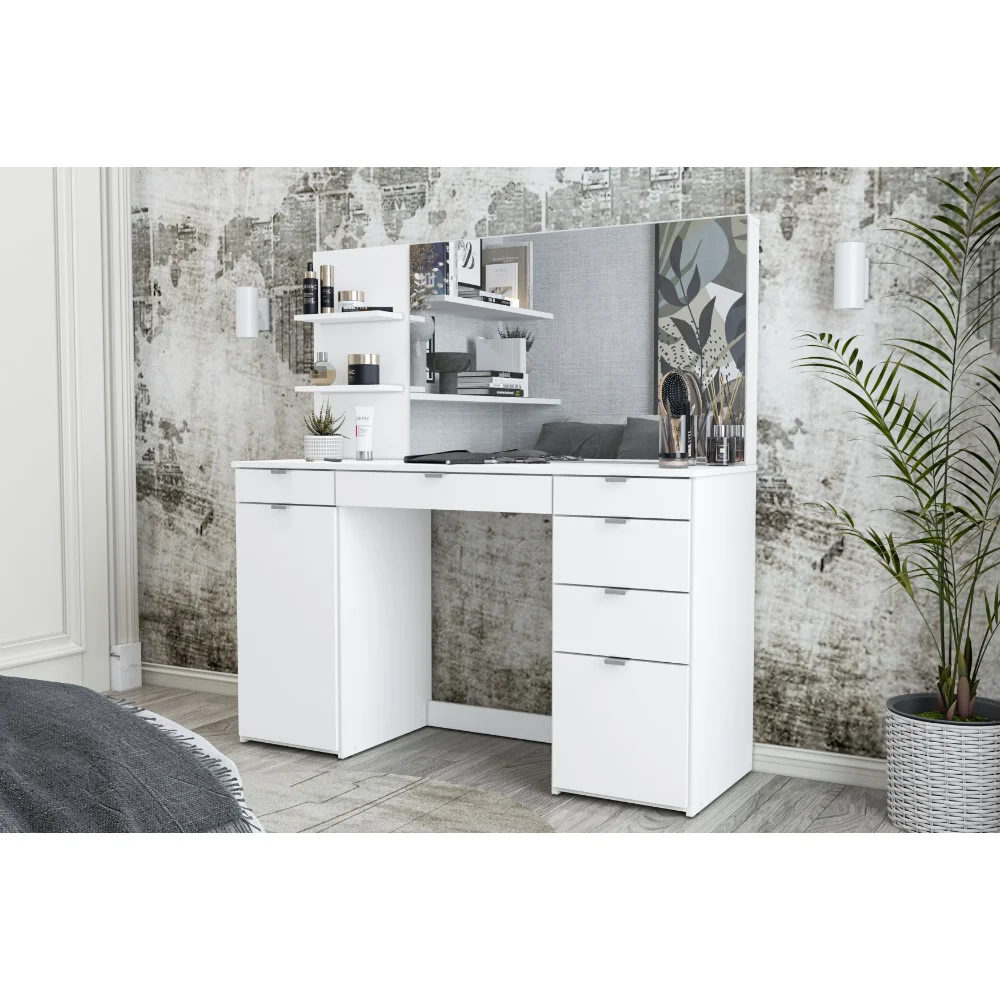 

Modern Makeup Vanity Table with Mirror, White Finish