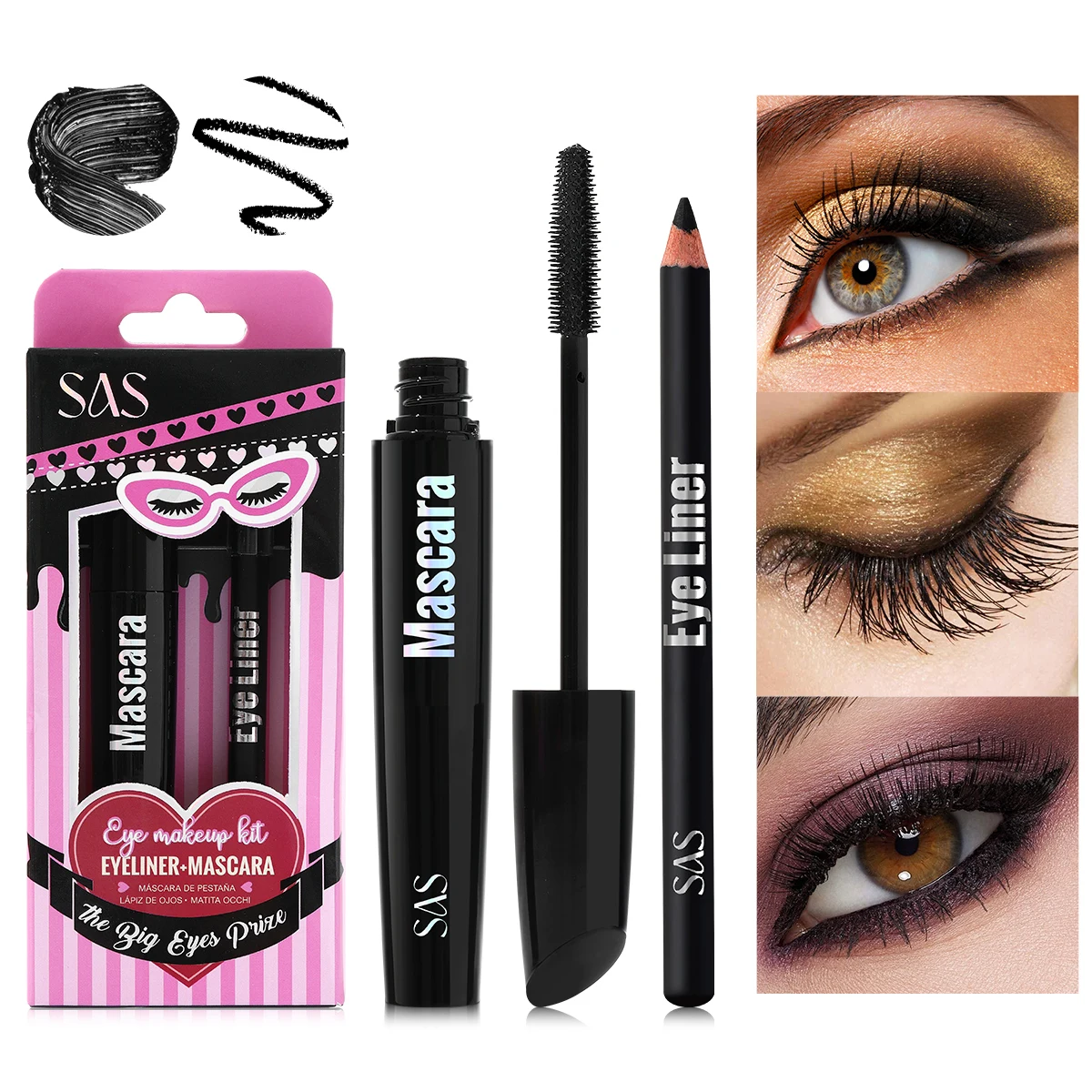 ซาส ชุดมาสคาร่าและอายไลเนอร์ 2-in-1 แปรงซิลิโคนพร้อมมาสคาร่าปริมาณมากพิเศษ สูตรแห้งเร็วและกันน้ำ