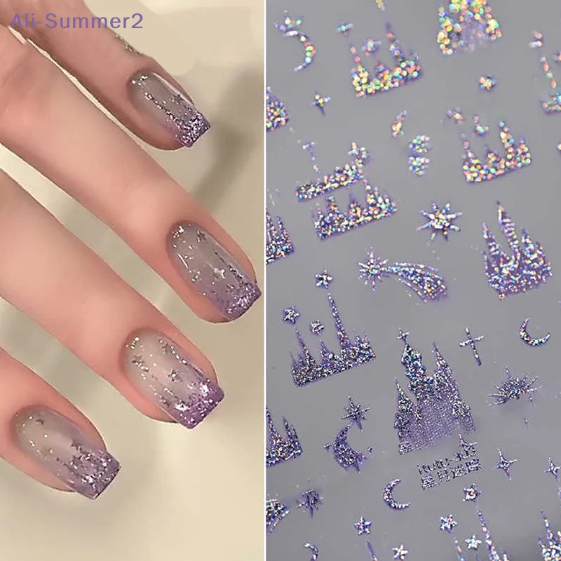 {Summer2} Geprägte Nagelaufkleber Bunter Sternenhimmel Mond Schloss Nageldekoration Abziehbilder DIY Selbstklebende Transferaufkleber