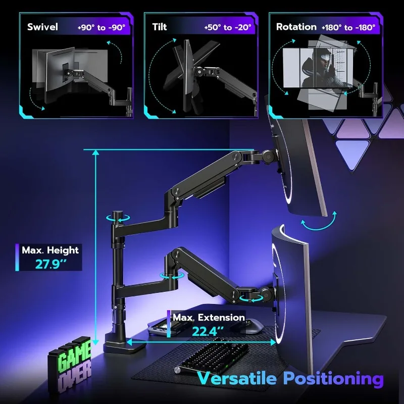 Supporto da scrivania con braccio doppio per monitor per monitor ultra larghi da 17-49 pollici, supporto per doppio monitor resistente può contenere 44 libbre, movimento completo