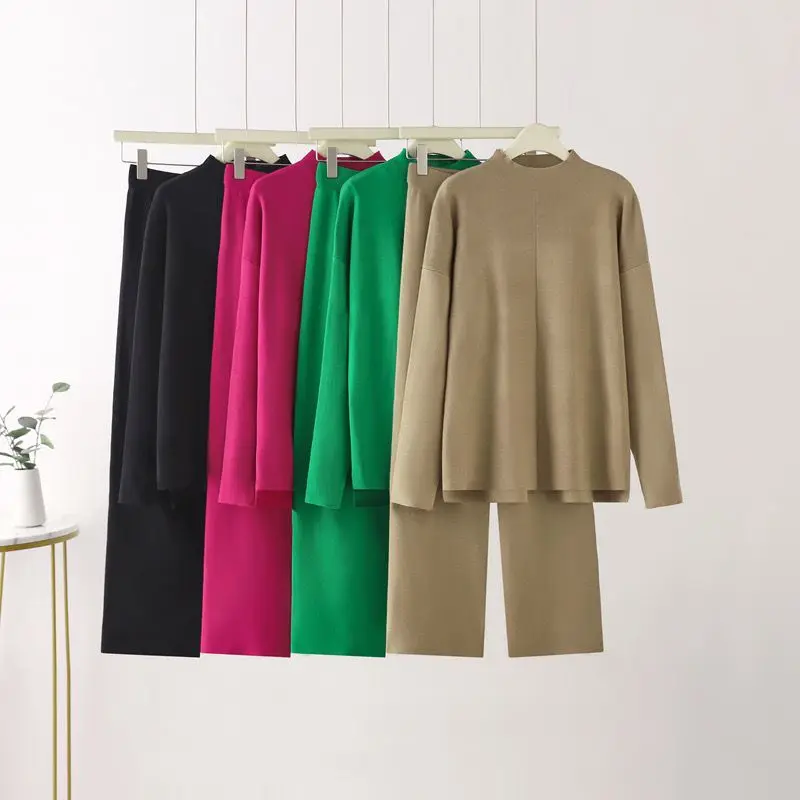 

Knitted Casual Sportswear Set Women's Spring Autumn Trendy Wide Leg Pants Two Piece Set Fashionable Long Sleve E11957