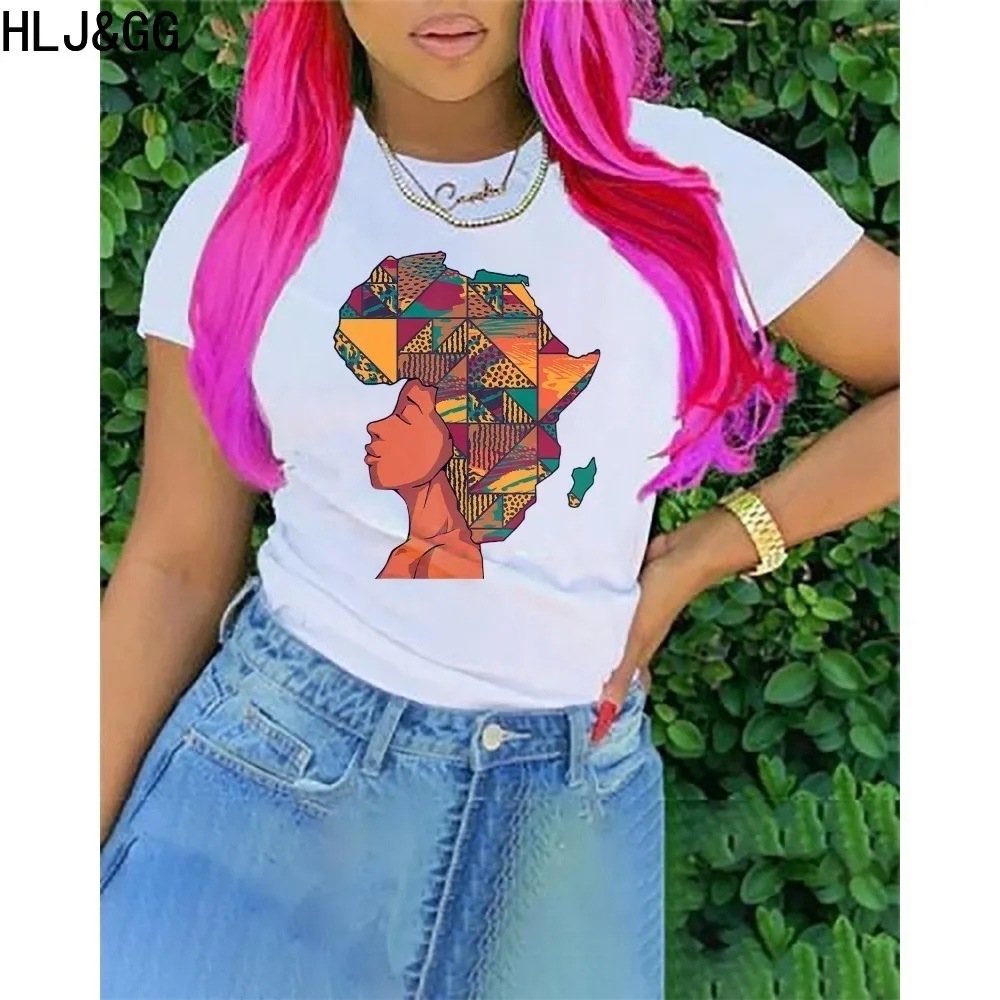 Hlj & Gg Zwarte Zomer Nieuwe Afrikaanse Patroonprint T-Shirts Vrouwen Ronde Hals Korte Mouw Slanke Tops Casual Dames Bijpassende Kleding