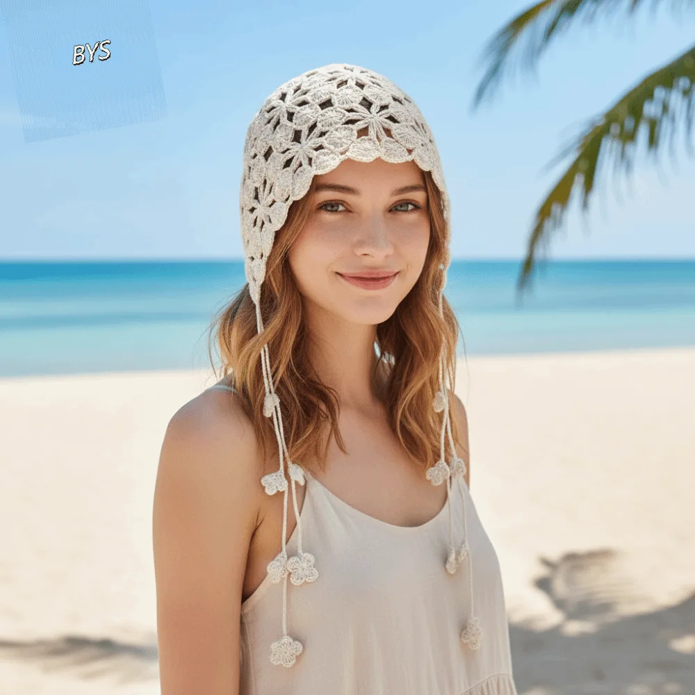 

Tassel Hollowed Out Knitted Hat Elegant Floral Bohemian Style Beanies Ethnic Style Korean Crochet Flower Hat Spring Summer