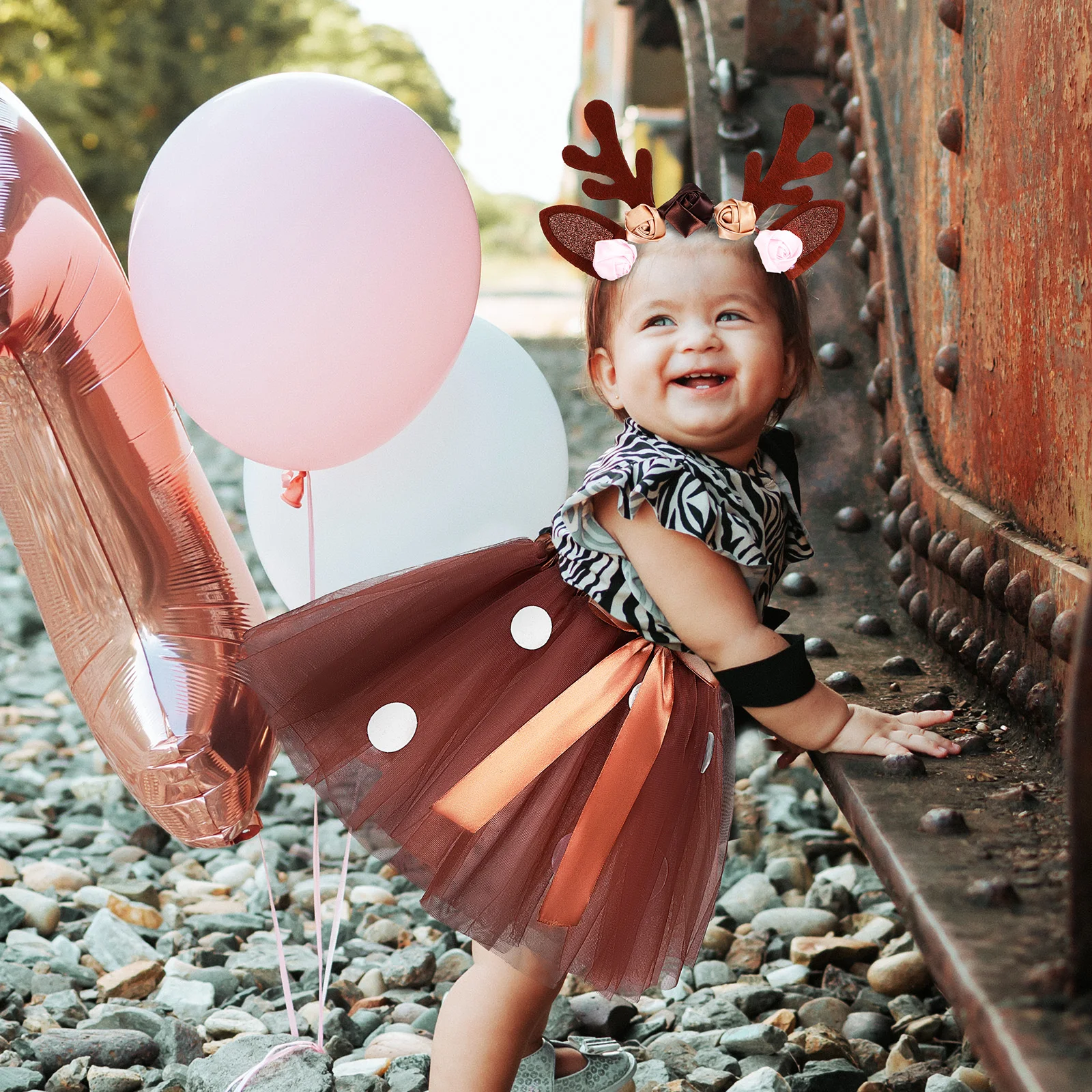 Elk Costume Set Girls Christmas Tutu Skirt Deer Outfit Accessories Antler Headband Animal Ears Reindeer Costume Polyester