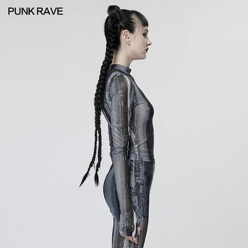 PUNK RAVE Women\'s The Post-apocalyptic Techwear Tight Printing Mesh T-shirt Punk Slim Unique Aesthetic Tops Spring Women Clothes