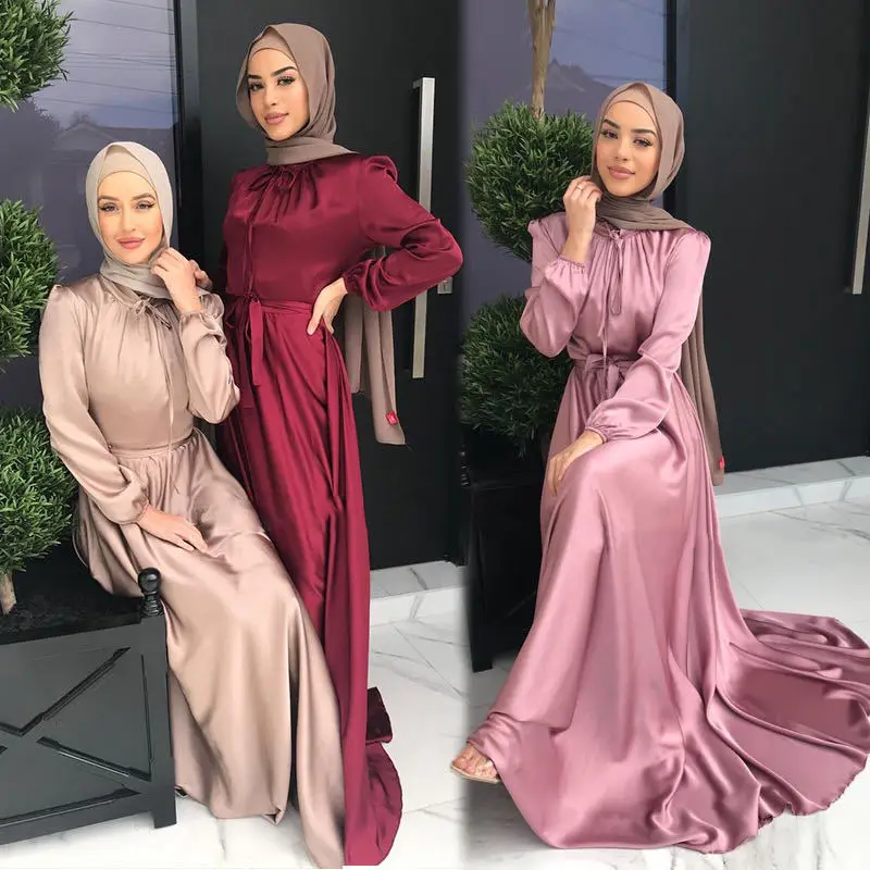 Imagem -04 - Moda Muçulmana Hijab Vestido de Cetim Ramadan Abaya Dubai Elegante Turquia Noite Africano Vestidos Islâmicos para Mulheres Árabe Kaftan Robe