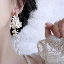 Chinese Hanfu Retro White Shell Sakura Flower Clip on Earrings Without Piercing Long Flower Tassel Ear Clips for Women Wedding