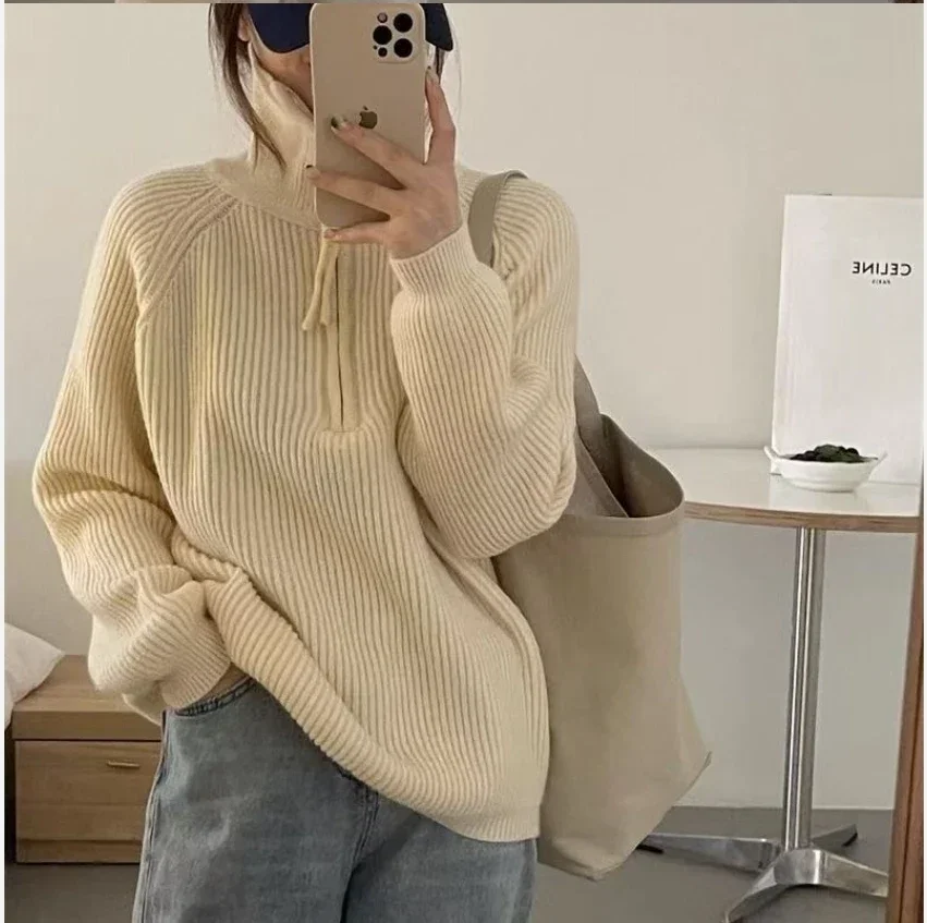 Zip-up Lapel Sweater 2024 New Turtleneck Design Loose and Lazy Knit Thickened Base Stylish and Comfortable Spring and Autumn