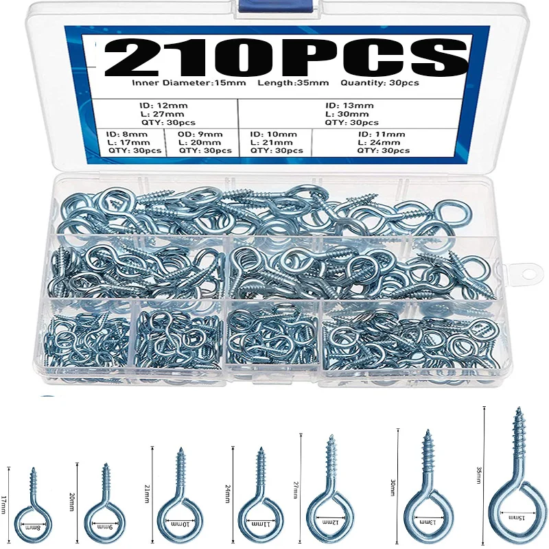 

Electrapick 210pcs Screw Hook Set Eye Screw Wood Thread Carbon Steel Screw Eyelets 7 Sizes Home Decoration Photo Frame Screws