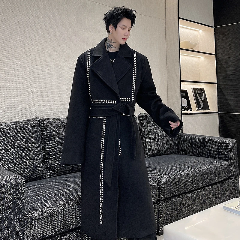 

Winter dark rivet wool coat men in long loose lacing trench coat senior sense coat tide