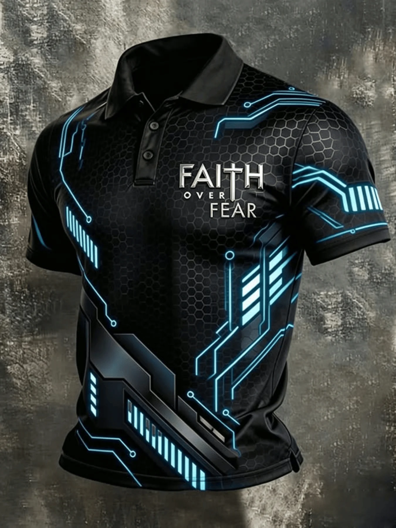 Men's Polo Shirts Cyber Style Lapel Short Sleeve Polo Shirt Tech Blue Light Circuit Print Faith Slogan Street Trend Casual Top