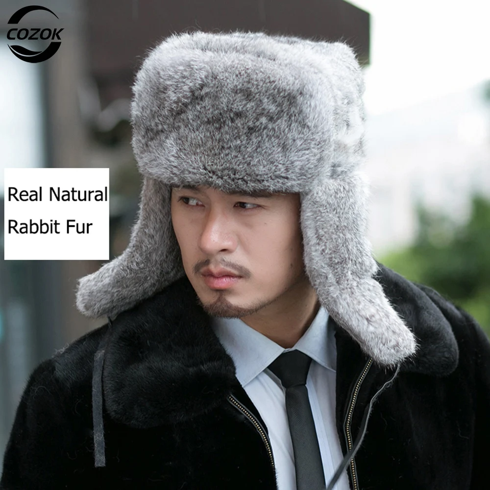 

Men's Caps Warm Natural Rabbit Fur Bomber Hat With Earflaps Winter Hot Sale Unisex Warm Russian Ushanka Hat Real Rabbit Fur Hats