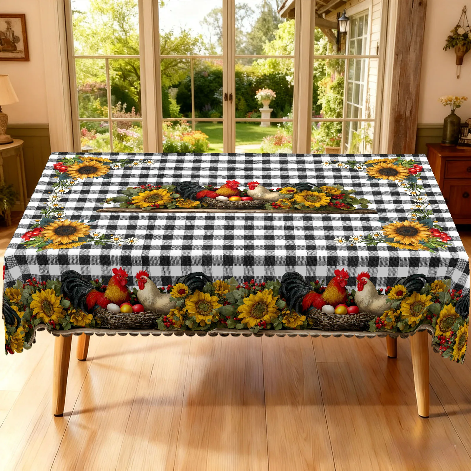 1 Piece of Vintage Farm-Themed Round and Rectangular Tablecloth, Available in Various Sizes, with Bright Yellow Sunflowers Interwoven with Black and White Checks, Featuring Cute Roosters and Hens, Filled with Colorful Eggs, with Embossed Edges, Suitable for Home Kitchens, Outdoor Picnics, Country-Style Farm-Themed Activities, and Four-Season Home Decor