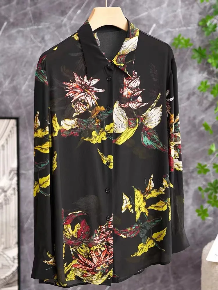 High Quality Unique Design Shirt Temperament Printing Long Sleeved Mulberry Silk Black Top Silk Shirt Chemise Satin Women Y2k