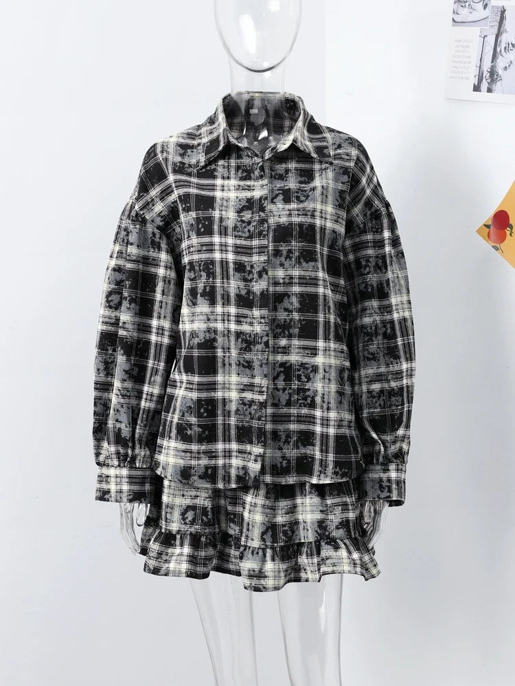 

Plaid Print Shirt Ruffles Skirts Set Women's Two Pieces Set Chic Lapel Button Tops Mini A-line Skirt 2025 Autumn New Lady Outfit