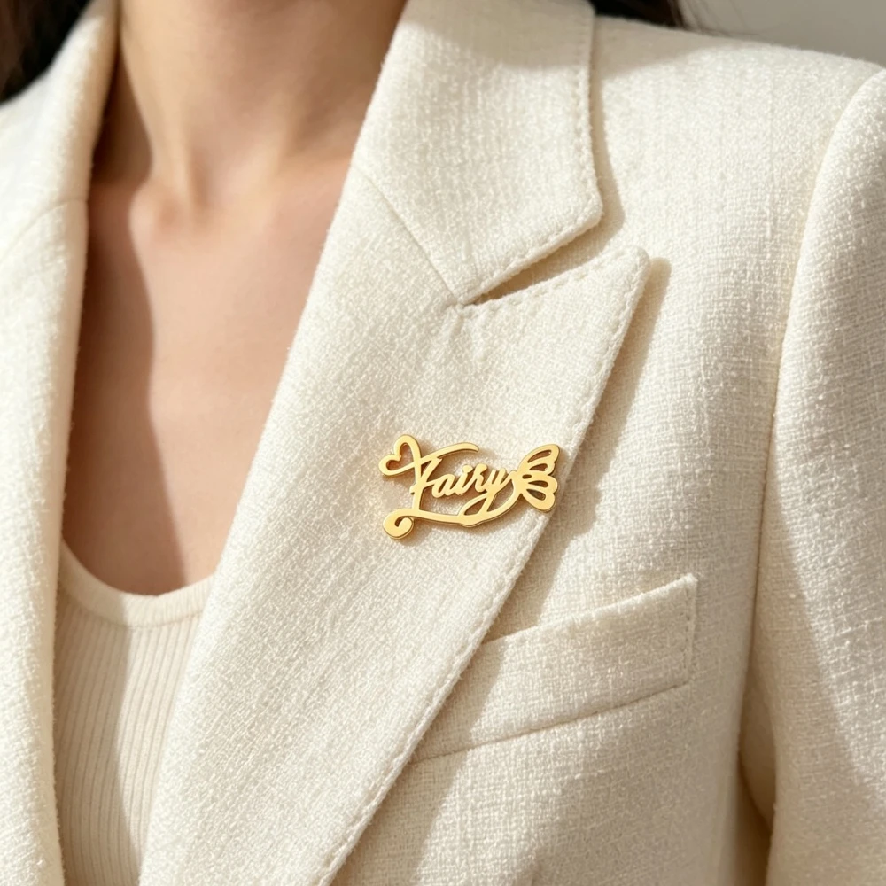 Custom Name Butterfly Brooch Personalized Script Heart Nameplate Lapel Pin Stainless Steel Women Jewelry Perfect Gift For Her
