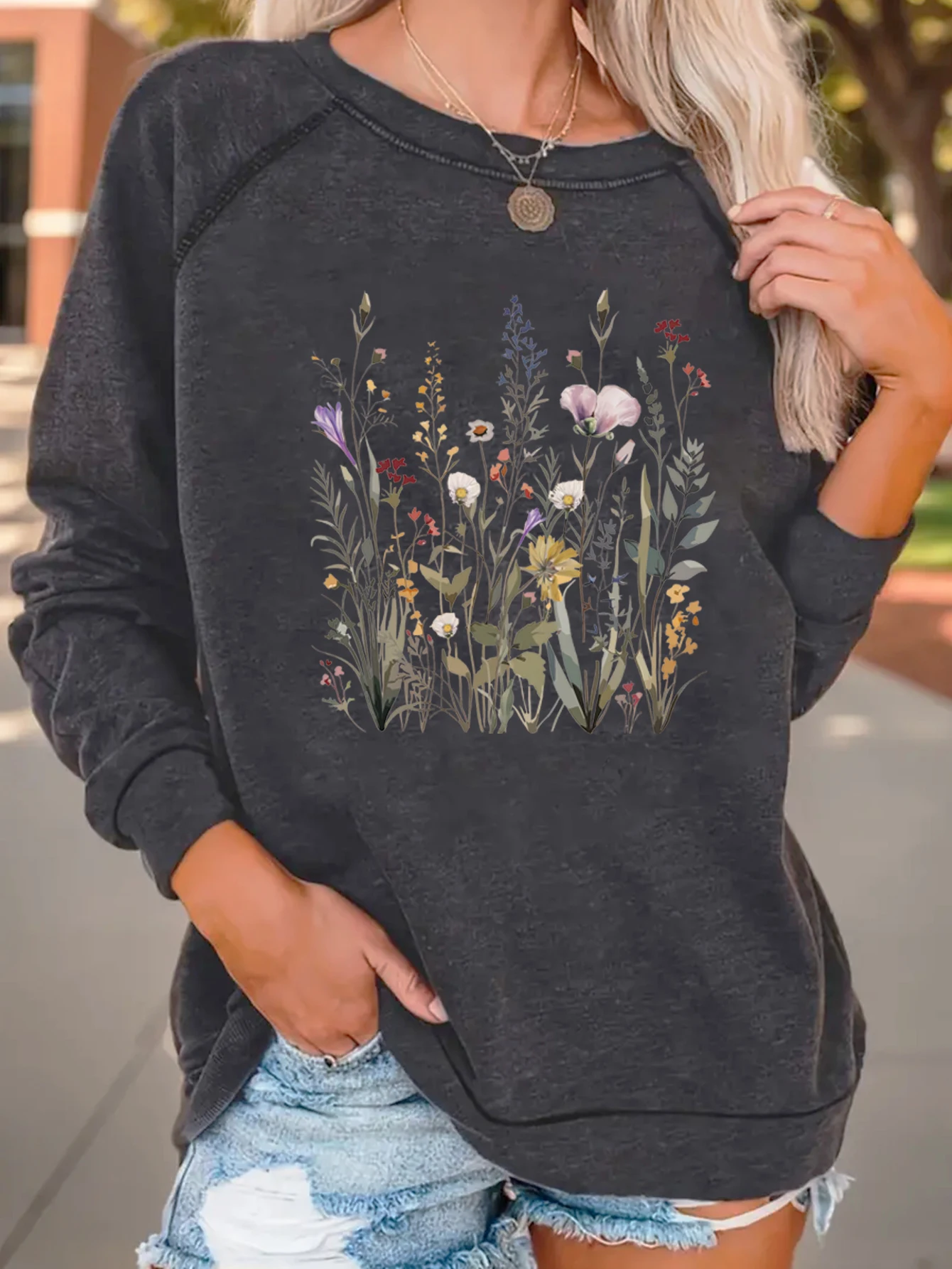 Plant and flower print sports shirt casual crew neck jumper autumn and winter women shoulder hoodie