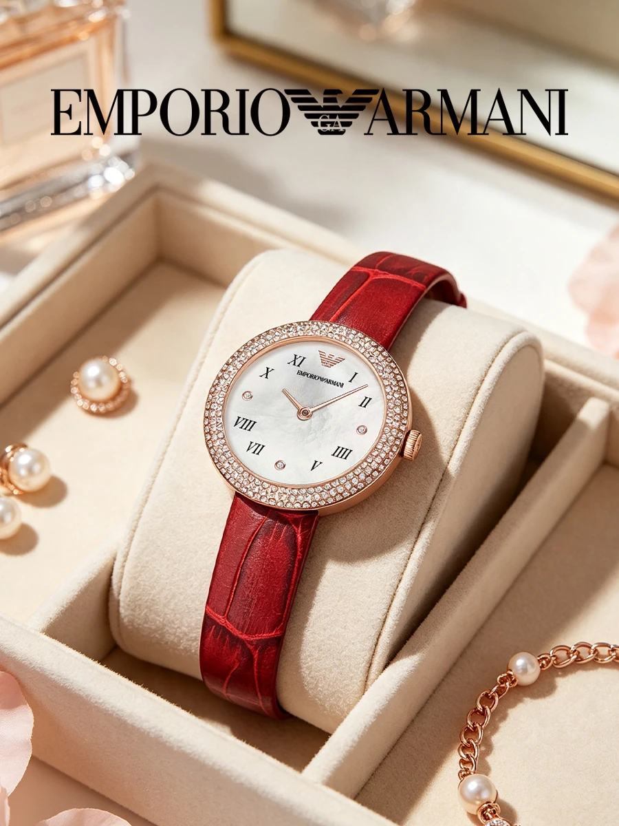 Emporio Armani AR11357 Women Watch 32MM Dial Crystal Bezel Rose Gold MOP Dial Red Leather Quartz Party Wedding Gift for Her