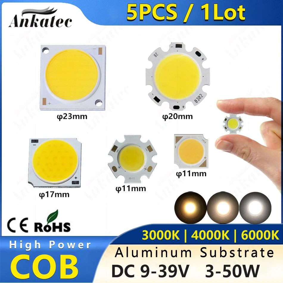 LED COB 칩 표면 광원 3W 5W 7W 9W 10W 12W 20W 30W 50W 알루미늄 기판, 14mm 19mm 20mm 28mm 정전류 램프