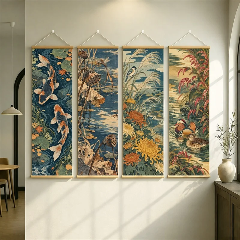 Japanese Ukiyo-e Hanging Scroll with Koi Fish, Birds and Lush Flowers in Rich Blue and Golden Botanical Colors for a Tea Room