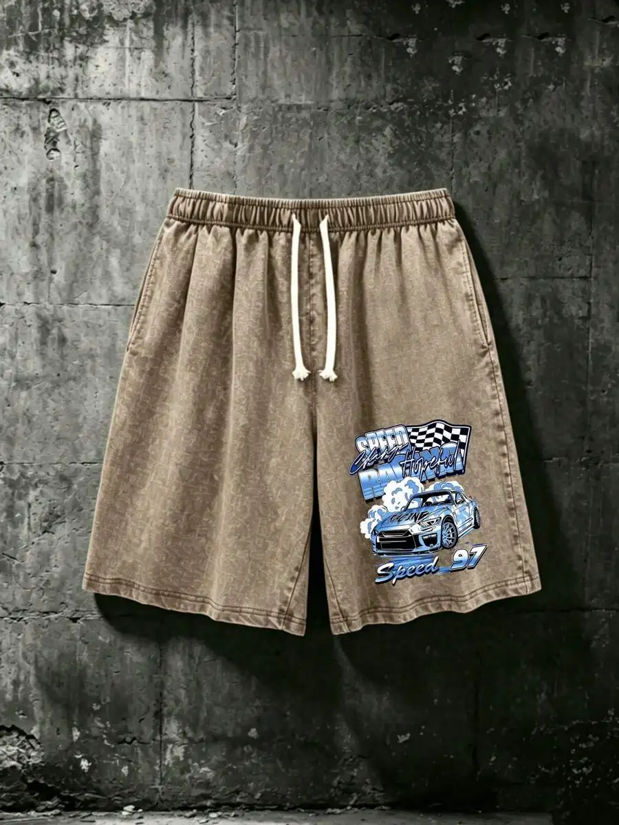 

Mens Cotton Shorts Car Racing Print Drawstring Waist Casual Beach Summer Shorts